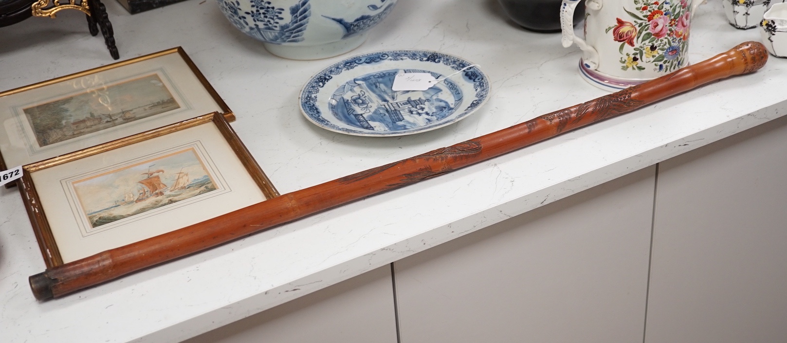 A Japanese carved bamboo walking stick, 89cm